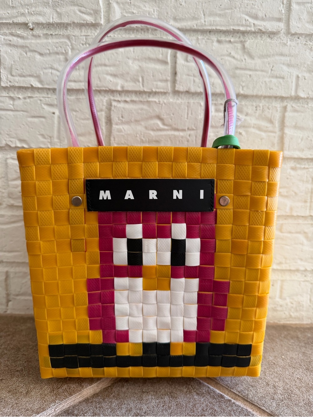 Marni Yellow and Pink Woven Tote with Penguin Motif